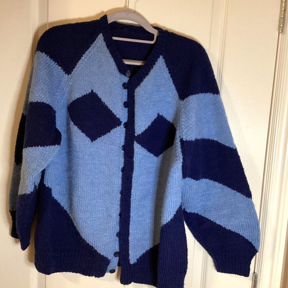 Vintage Handmade Blue Chunky Knitted Knit Cardigan Size L